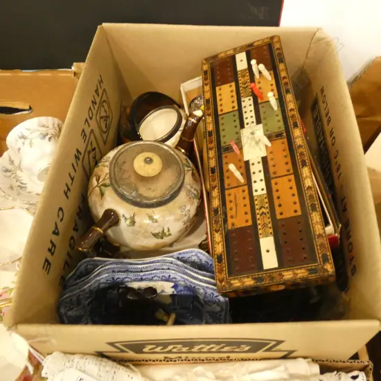 BOX LOT CHINA, CUTLERY, INLAID WOODEN GAME ETC