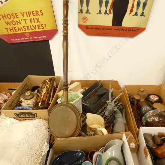 BOX LOT TYPEWRITER, BEDWARMER ETC