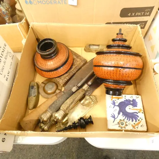BOX LOT CAMBODIAN LACQUER FINIAL, 3 PCE CARVING SET, SCYTHE ETC
