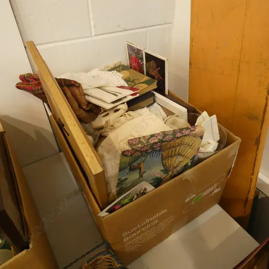 BOX LOT ASST. LACE, CHRISTENING GOWN, CHINA ETC