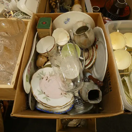 BOX LOT ASST. CHINA, CELERY VASE ETC