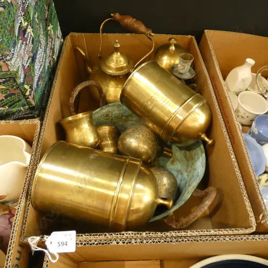 11 BRASS ITEMS TEAPOT LIDDED CONTAINERS. GOBLETS ASHTRAYS. JAM PAN ETC