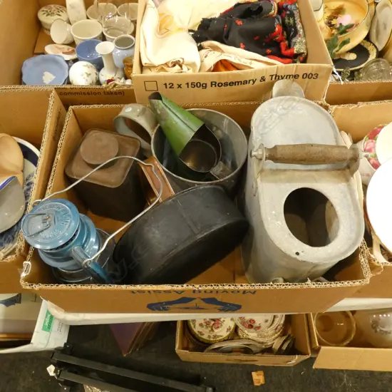 6 TIN ITEMS KEROSINE LAMP OIL FUNNEL ETC