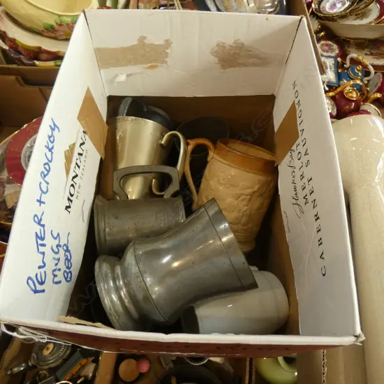 BOX LOT PEWER & CERAMIC MUGS