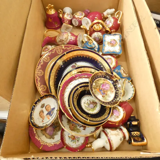 BOX LOT LIMOGES PLATES; MINIATURE PLATES / JUGS VASES ETC..