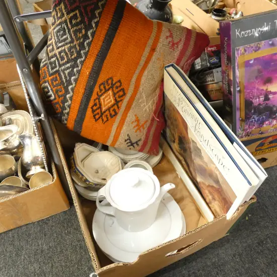 BOX LOT ARZBERG PART DINNER SERVICE ETC + TURKISH CUSHION + NZ ART BOOK