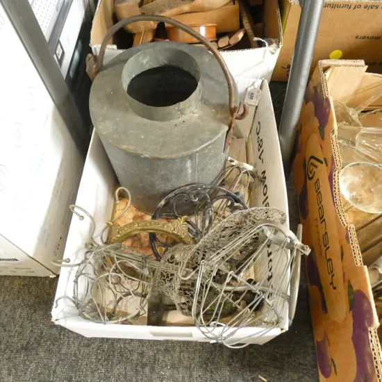 BOX LOT METAL ITEMS INCLS NECKLACE. STAND. TRIVET. CHINESE BRASS FIGURE