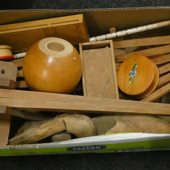 BOX LOT OLD WOODEN PCS INCL SHOE STRETCHERS / FRUIT BOWL ETC..
