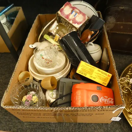 BOX LOT ASST.; CAMERAS, MIXING BOWLS, CRYSTAL ETC