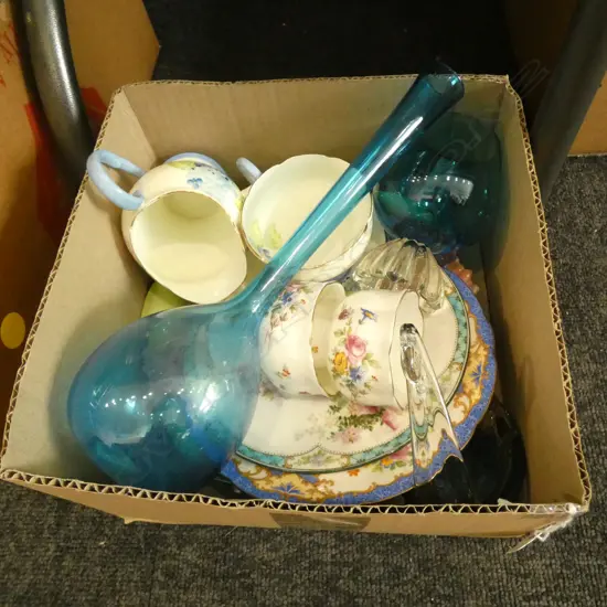 SM BOX LOT ASST QUALITY CHINA & BLUE GLASS; MINTON / ROYAL DOULTON ETC.