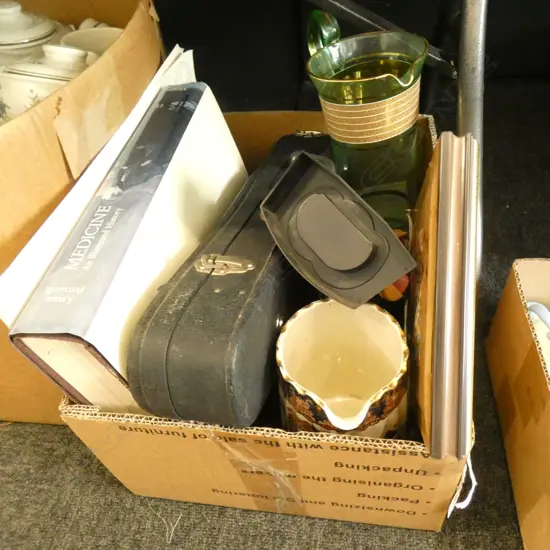 BOX LOT CASED CHILDS VIOLIN, CERAMICS ETC