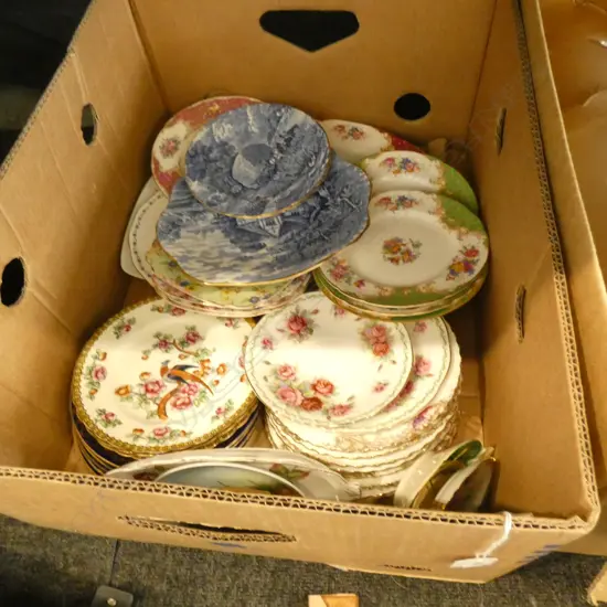 BOX LOT QUALITY ASST PLATES / MOSTLY SIDE PLATES INCL ROYAL ALBERT / PARAGON ETC..