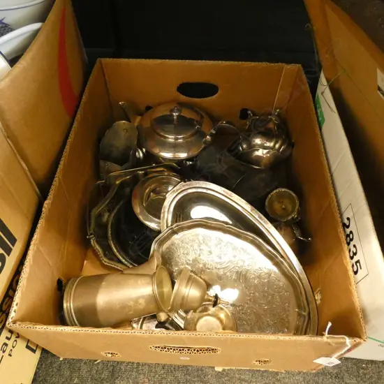 LG BOX OLD SILVER PLATE INCL TEAPOT ETC..