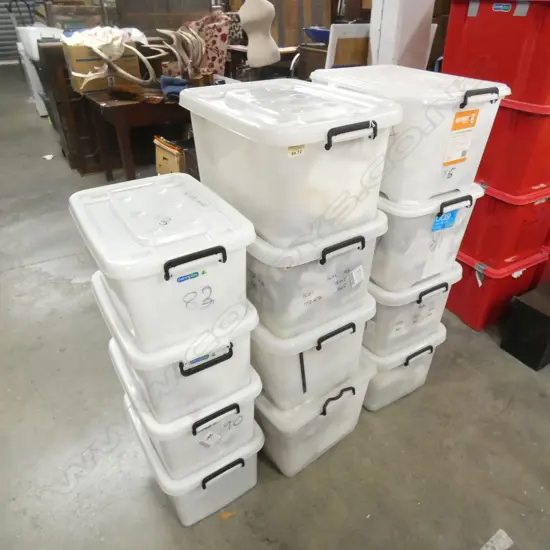 ASST PLASTIC APPROX 40 LTR STORAGE BINS + ASST SMALLER AND LARGE SOME WITH PACKING
