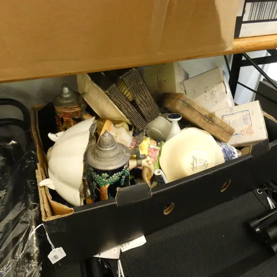 BOX LOT ASST. CHINA, TANKARDS ETC