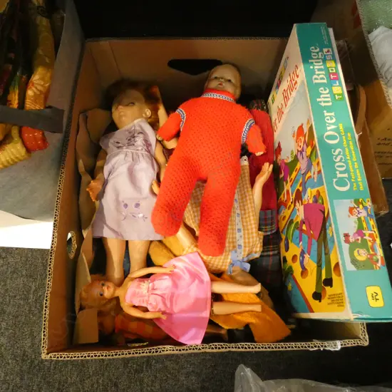 BOX LOT OLD DOLLS & 'OVER THE BRIDGE' GAME IN ORIGINAL BOX 