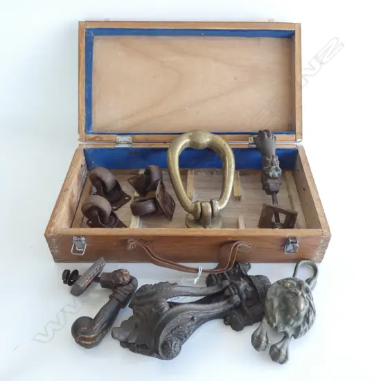 WOODEN CASE w. VINTAGE CAST IRON DOOR KNOCKERS