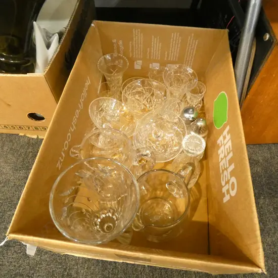 BOX LOT ASST. CRYSTAL; JUGS, VASES, ETC