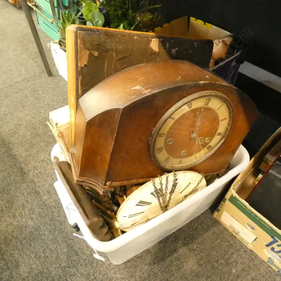 BOX LOT CLOCKS, CASED FISH SET, CASED MICROSCOPE, GEM IRON, MINCER ETC