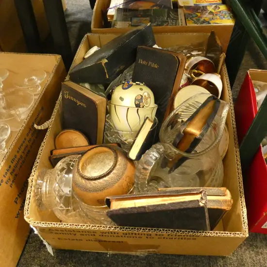 BOX LOT ASST. CRYSTAL & CHINA, BIBLES ETC