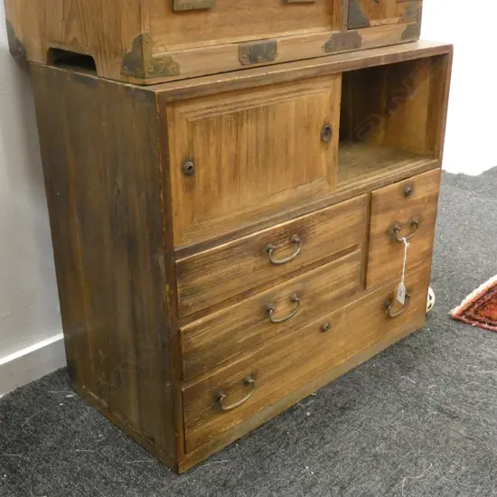 VINTAGE SM JAPANESE WOODEN TANSU CHEST - 5 DRAWER & SLIDING CUPBOARDS 590 X 285 X 515MM