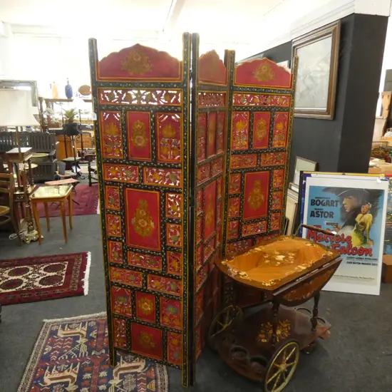 ORIENTAL 4 PANEL RED PAINTED CARVED WOODEN SCREEN...
