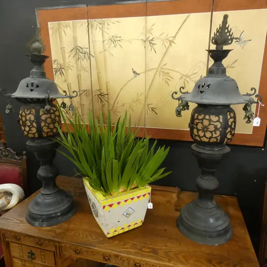  PAIR OF ANTIQUE BRONZE TEMPLE LAMPS....