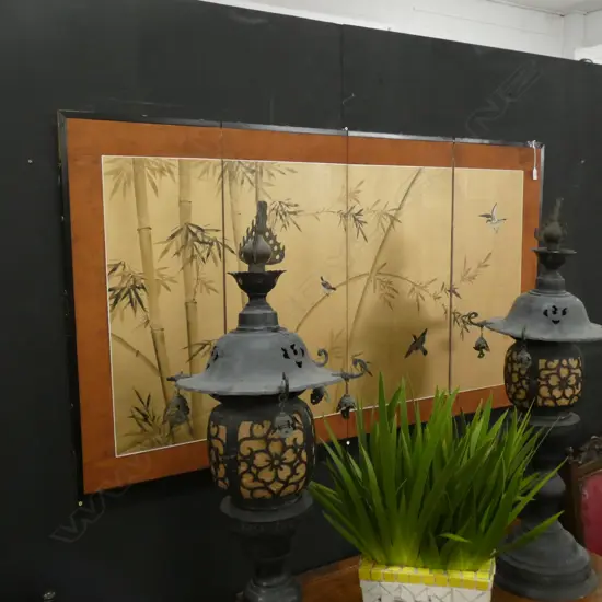 SM 4 PANEL SCREEN DECORATED BAMBOO & BIRDS ON A GOLD BACKDROP880 x 380MM