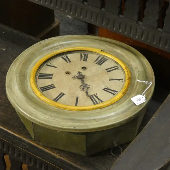 OLD WOODEN PAINTED WALL CLOCK - A/F DIA  375MM