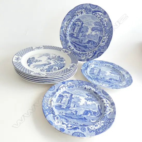 8 B/W PLATES; 5 WOOD & SONS 'YUAN' 255mm dia + 3 OLD SPODE IRONSTONE ITALIAN PATTERN AF
