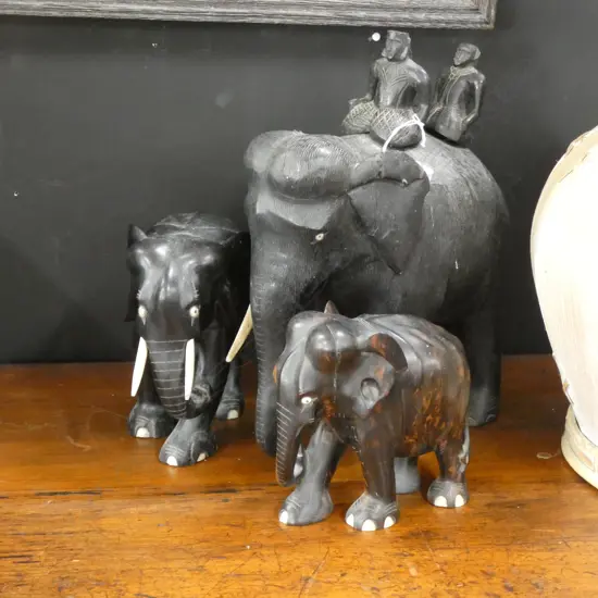 3 CARVED EBONY ELEPHANTS H.320mm