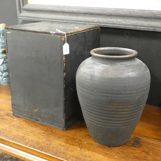 JAPANESE CERAMIC VASE IN OLD WOODEN BOX H.350mm