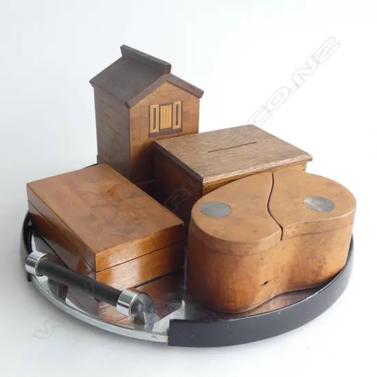 4 WOODEN BOXES + DECO TRAY 285mm dia
