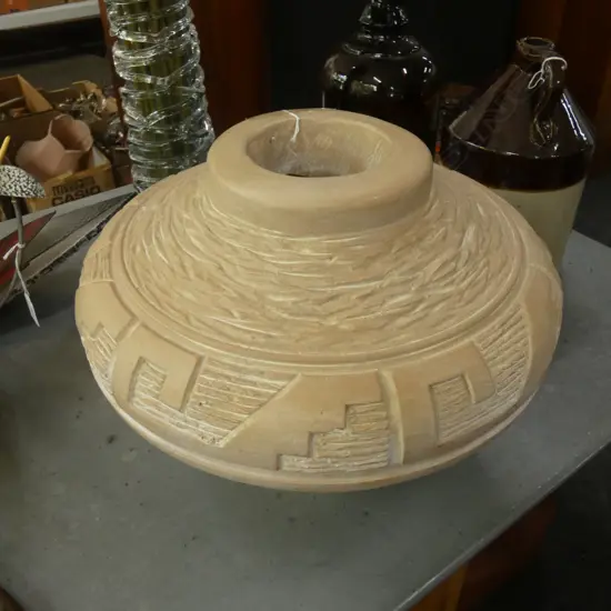 CARVED SQUAT CERAMIC VASE 400mm dia