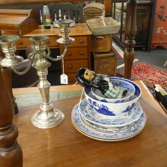 4 ANTIQUE B/W PLATES + 2 BOWLS, BAGPIPER CAT & EP CANDELABRA 