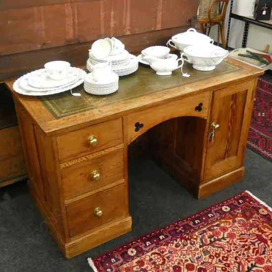 EARLY VICTORIAN WELSH PINE DESK; LEATHER TOP...