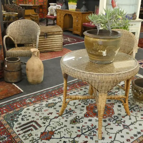 WOVEN CANE PATIO TABLE GLASS TOP & 3 CHAIRS