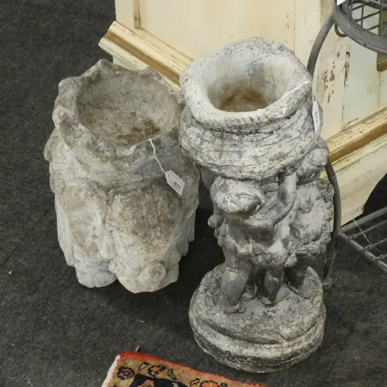 2 VINTAGE CONCRETE GARDEN ORNAMENTS; ELEPHANT A/F/ (L330MM) ) &  CHERUBS (H. 400MM)