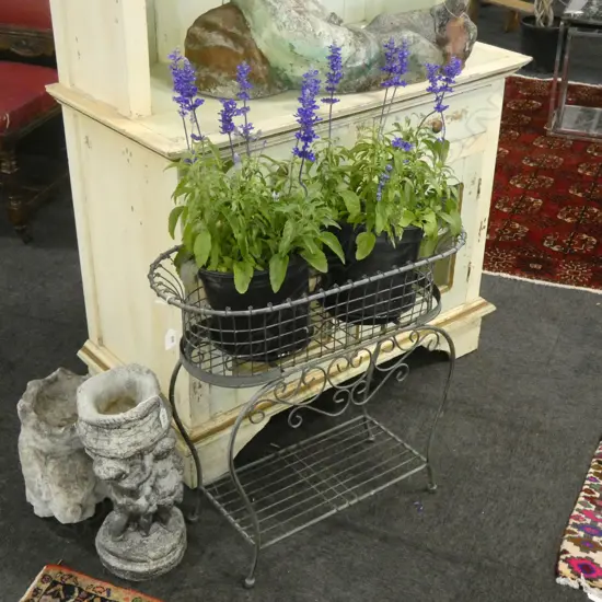 2 POTTED PURPLE PLANTS ON WIRE STAND H.630mm W.650mm