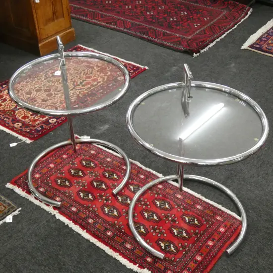PR EILEEN GRAY STYLE CHROME & GLASS SIDE TABLES...