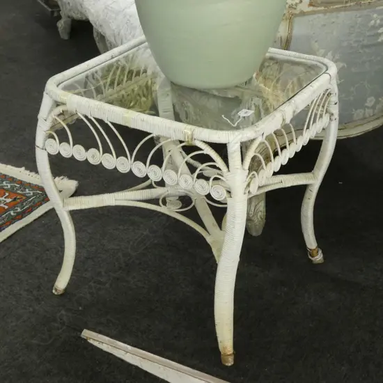 WHITE PAINTED CANE SIDE TABLE GLASS TOP 520mm sq