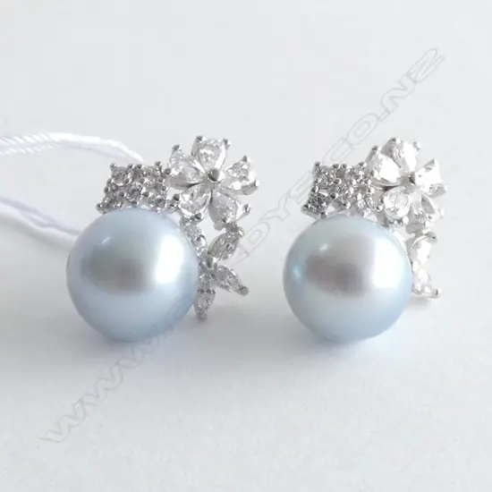 PR SILVER & GREY CULTURED PEARL EARRINGS W CZ