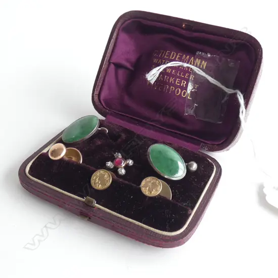 HARLEQUIN SET OF CUFFLINKS/9CT GOLD STUDS/DIAMOND AND RUBY STUD