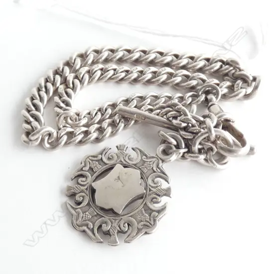 LATE VICTORIAN SILVER FOB CHAIN WITH SILVER MEDAL