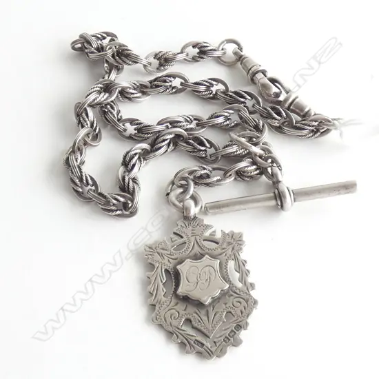 SILVER FOB CHAIN/MEDAL AND T-BAR PRINCE OF WALES LINK LONDON 1911