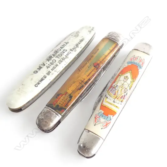 3 VINTAGE POCKET KNIVES. NZ AROMOANA. 1937 CORONATION