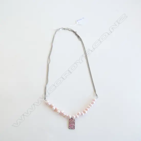 PINK PEARL w STG SILVER & ENAMEL PENDANT NECKLACE