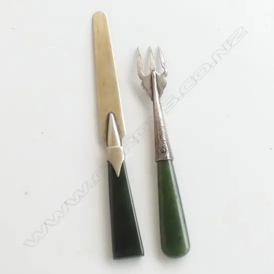 NZ SILVER/POUNAMU SMALL PICKLE FORK &  1908 LONDON SILVER/POUNAMU LETTER OPENER