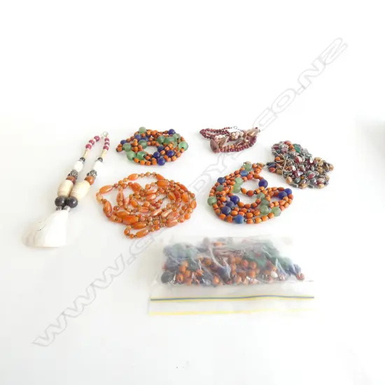ASST. NECKLACES, GLASS + CLAM + CORAL ETC some req. rethreading