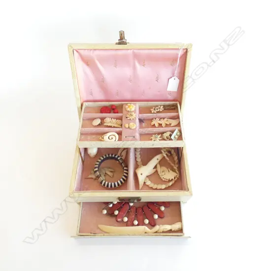 3 TIER OLD JEWELLERY BOX OF BONE CARVED JEWELLERY ETC.